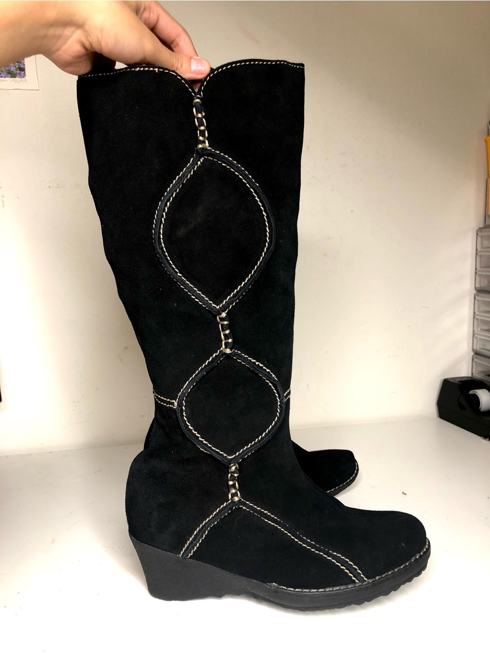 2000s Black Suede Knee-High Wedge Boots
